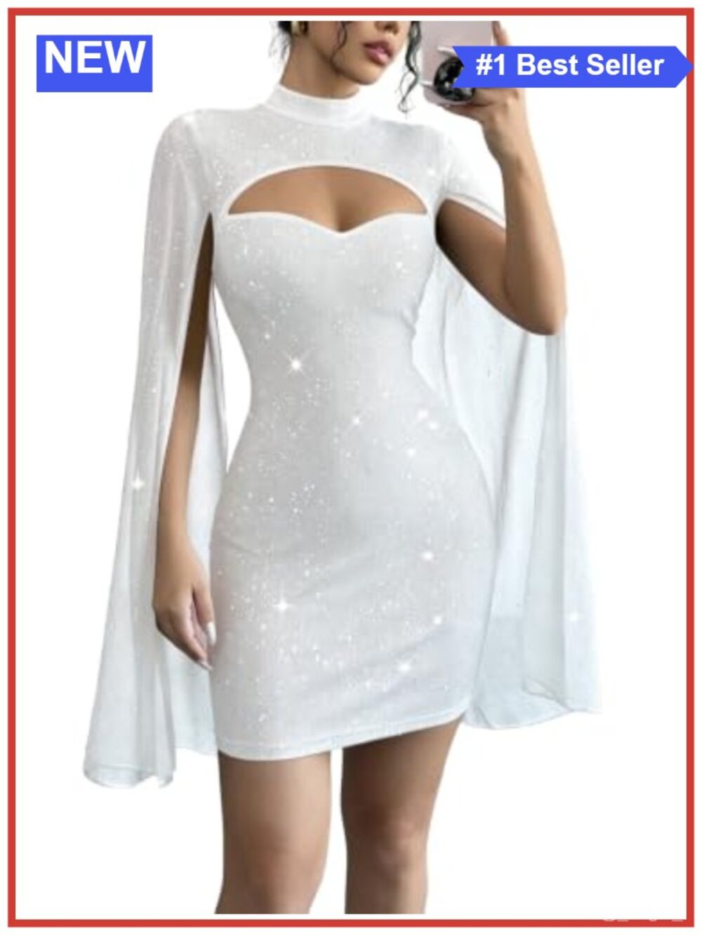 Sequin Mock Neck Dress Cloak Sleeve Cocktail Party Mini High Stretch